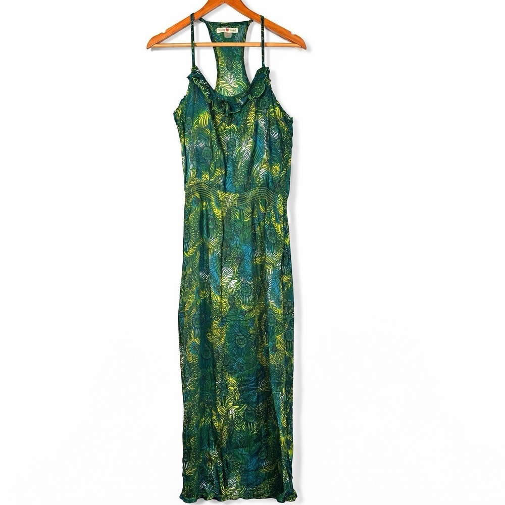 Peacock Maxi Dress Womens Large Green Earthy Boho Resort Tropical Slit Festival
